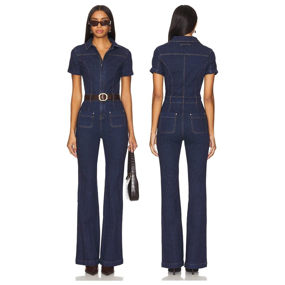 Amanda Uprichard Alexia Denim Flare Jumpsuit Vintage Retro Preppy Fall Winter XS